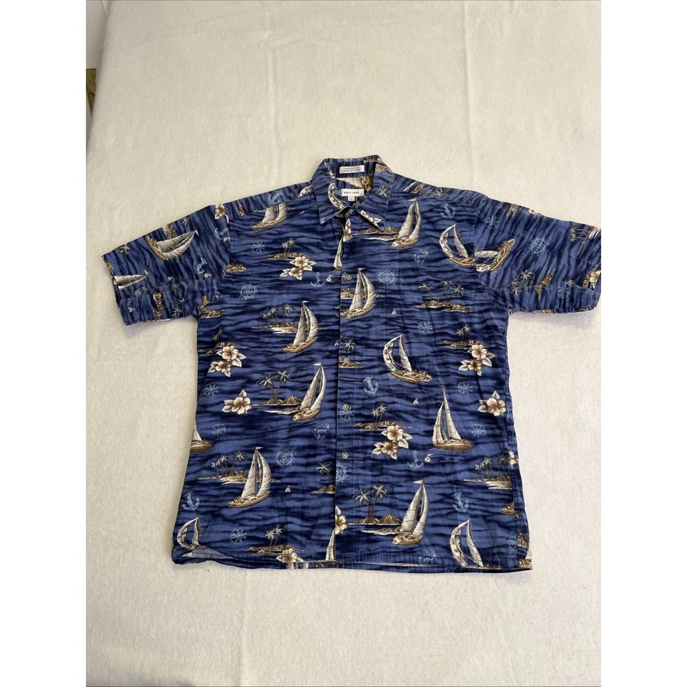 Pierre Cardin Men's Blue Tropical Surf Boat Hawaiian Button Down Shirt Size M